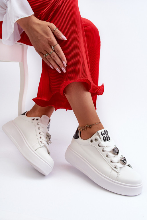 Women's Platform Sneakers With Heart Pins, White Azamia Women's Platform Sneakers With Heart Pins, White Azamia