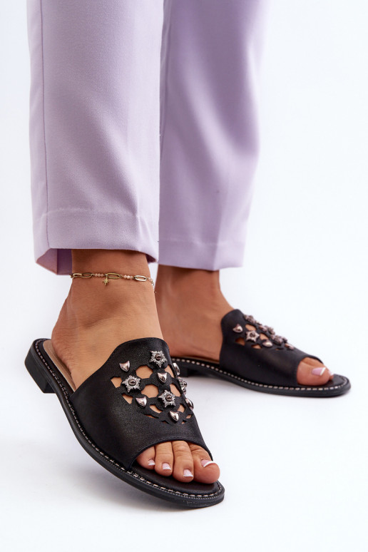 Błyszczące Sandały Damskie Z Ozdobami S.Barski KV27-063 Czarne