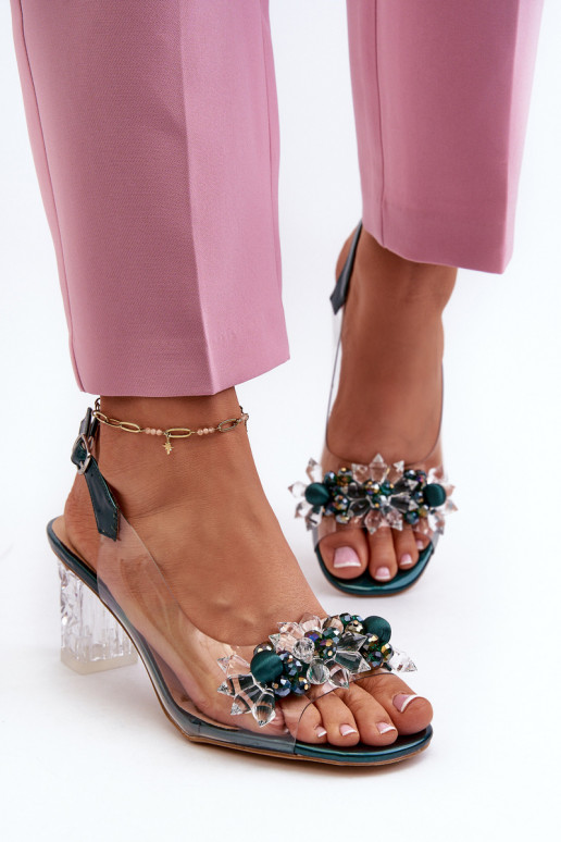 Transparent sandals on a heel with decorations in green D&A MR38-D1 Transparent sandals on a heel with decorations in green D&A MR38-D1