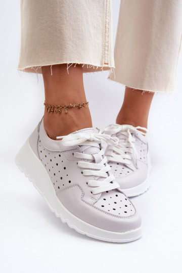 Ażurowe Damskie Sneakersy Na Koturnie Skóra Naturalna Jasnoszare S.Barski LR482 2