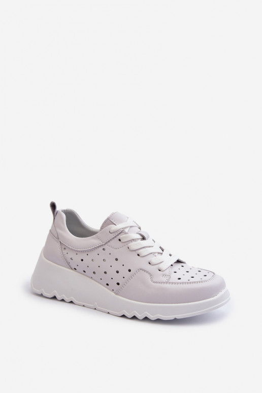 Ażurowe Damskie Sneakersy Na Koturnie Skóra Naturalna Jasnoszare S.Barski LR482