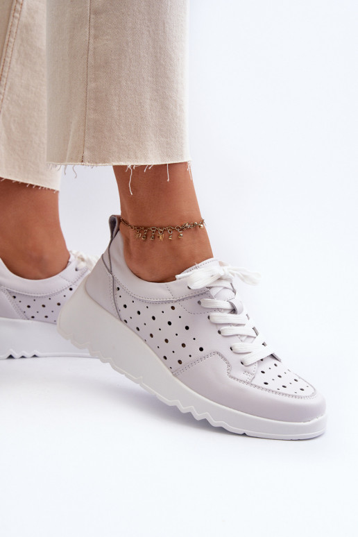 Ażurowe Damskie Sneakersy Na Koturnie Skóra Naturalna Jasnoszare S.Barski LR482