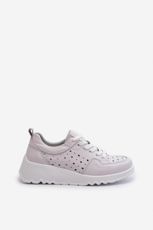 Ażurowe Damskie Sneakersy Na Koturnie Skóra Naturalna Jasnoszare S.Barski LR482