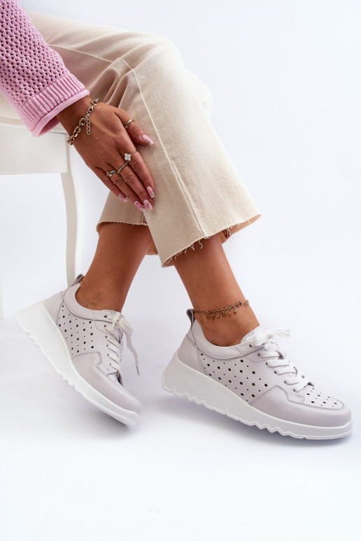 Ażurowe Damskie Sneakersy Na Koturnie Skóra Naturalna Jasnoszare S.Barski LR482