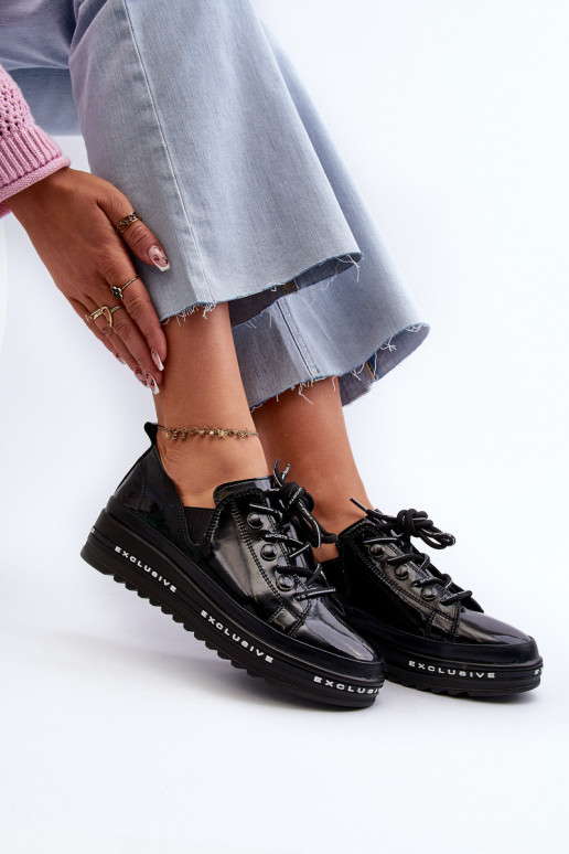 Women's Lace-Up Platform Shoes Genuine Leather S.Barski LR620 Black Women's Lace-Up Platform Shoes Genuine Leather S.Barski LR620 Black