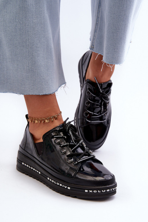 Women's Lace-Up Platform Shoes Genuine Leather S.Barski LR620 Black Women's Lace-Up Platform Shoes Genuine Leather S.Barski LR620 Black