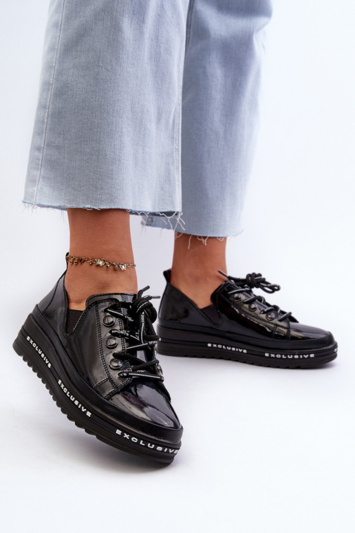 Women's Lace-Up Platform Shoes Genuine Leather S.Barski LR620 Black Women's Lace-Up Platform Shoes Genuine Leather S.Barski LR620 Black