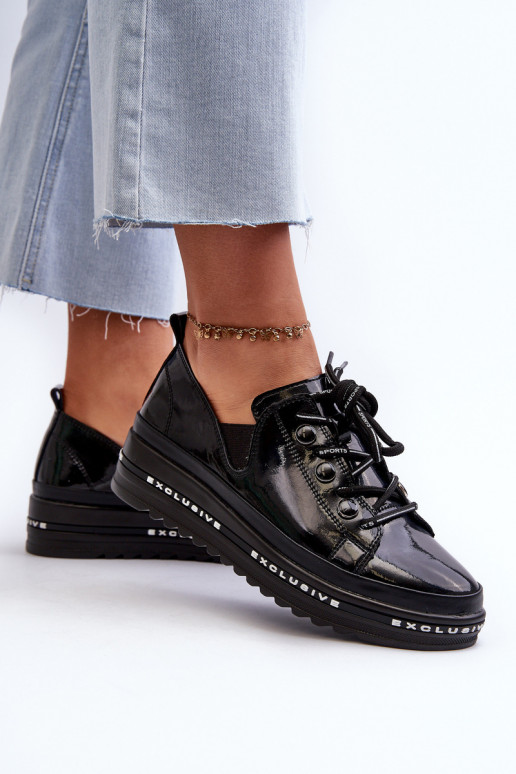 Women's Lace-Up Platform Shoes Genuine Leather S.Barski LR620 Black Women's Lace-Up Platform Shoes Genuine Leather S.Barski LR620 Black