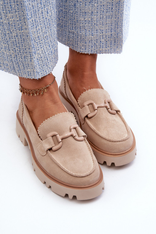 Women's Beige Suede Moccasins with Ornament D&A TW117 Beige Women's Beige Suede Moccasins with Ornament D&A TW117 Beige