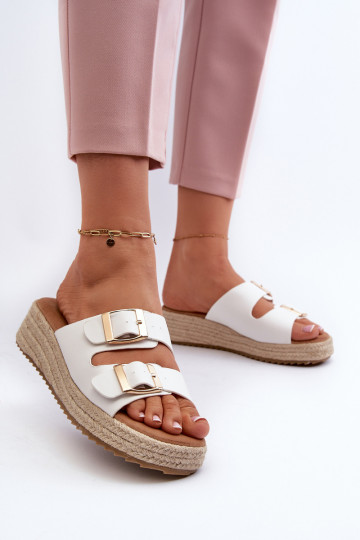Women's White Leather Sandals with Woven Eco Leather Zaloemi 2