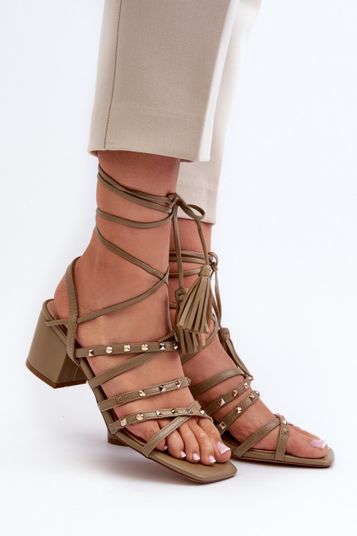 Lace-Up Sandals With Low Heels Adorned with Studs Green Chrisele Lace-Up Sandals With Low Heels Adorned with Studs Green Chrisele