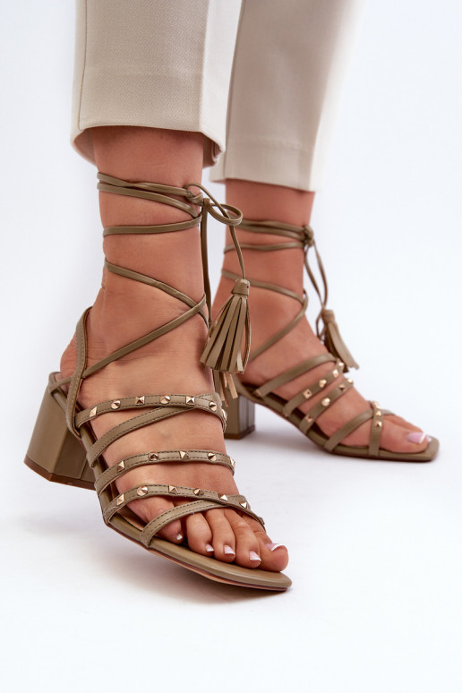 Lace-Up Sandals With Low Heels Adorned with Studs Green Chrisele Lace-Up Sandals With Low Heels Adorned with Studs Green Chrisele