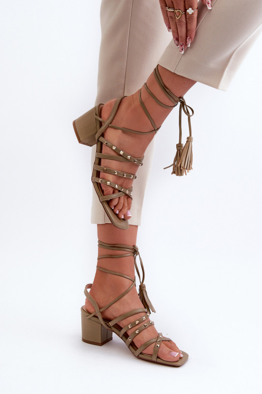 Lace-Up Sandals With Low Heels Adorned with Studs Green Chrisele Lace-Up Sandals With Low Heels Adorned with Studs Green Chrisele