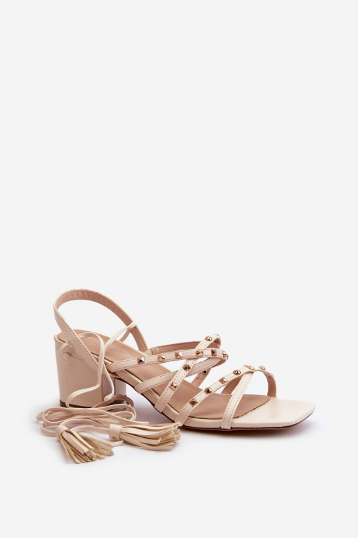 Lace-up Sandals With Low Heels Adorned With Studs Beige Chrisele Lace-up Sandals With Low Heels Adorned With Studs Beige Chrisele