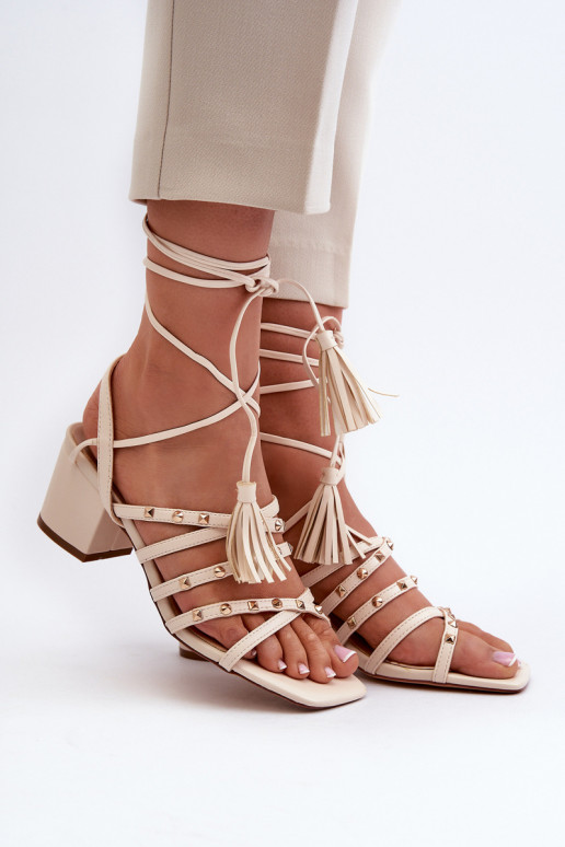 Lace-up Sandals With Low Heels Adorned With Studs Beige Chrisele Lace-up Sandals With Low Heels Adorned With Studs Beige Chrisele