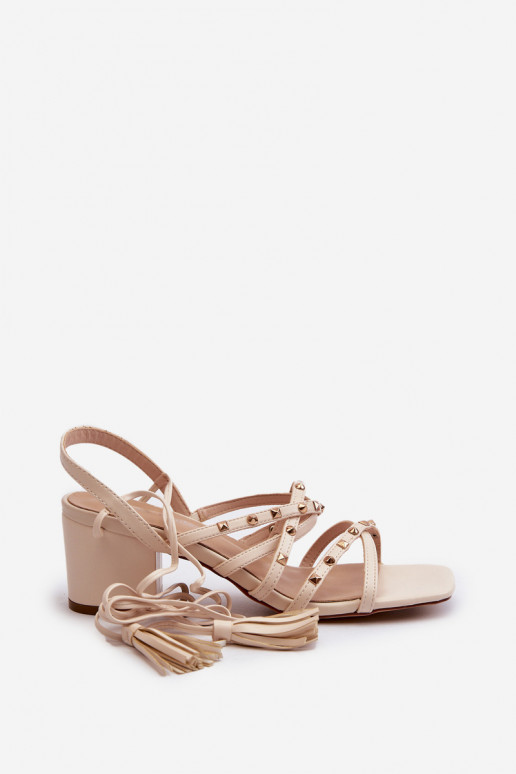 Lace-up Sandals With Low Heels Adorned With Studs Beige Chrisele Lace-up Sandals With Low Heels Adorned With Studs Beige Chrisele