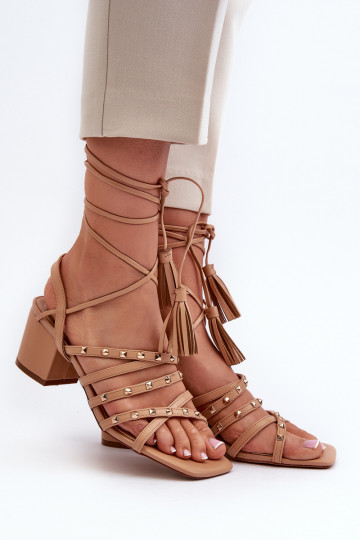 Lace-up sandals with low heels embellished with studs Camel Chrisele 2