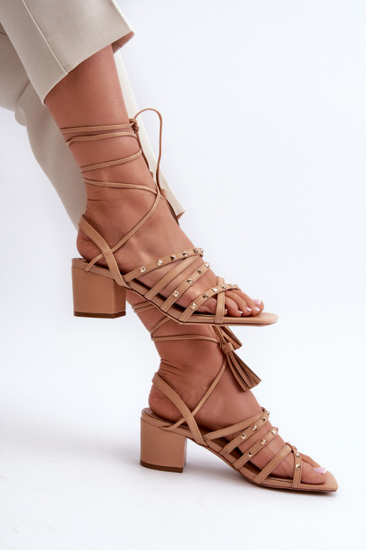 Lace-up sandals with low heels embellished with studs Camel Chrisele Lace-up sandals with low heels embellished with studs Camel Chrisele