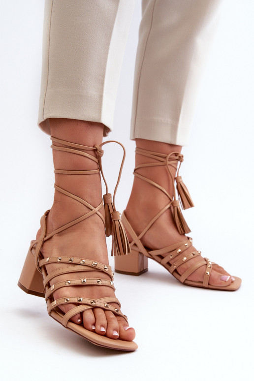 Lace-up sandals with low heels embellished with studs Camel Chrisele Lace-up sandals with low heels embellished with studs Camel Chrisele