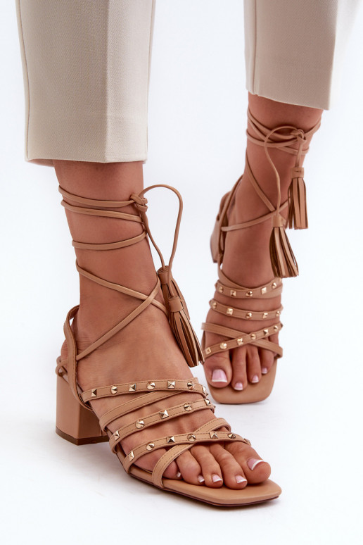 Lace-up sandals with low heels embellished with studs Camel Chrisele Lace-up sandals with low heels embellished with studs Camel Chrisele