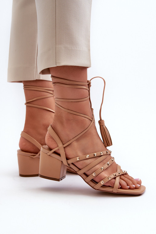 Lace-up sandals with low heels embellished with studs Camel Chrisele Lace-up sandals with low heels embellished with studs Camel Chrisele