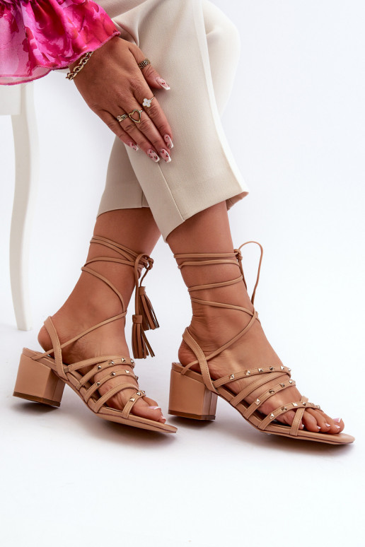 Lace-up sandals with low heels embellished with studs Camel Chrisele Lace-up sandals with low heels embellished with studs Camel Chrisele