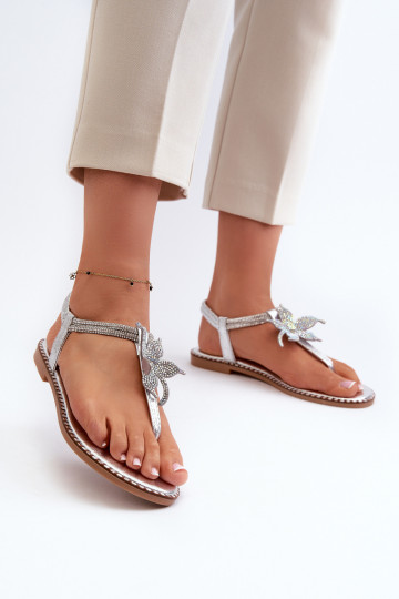 Women's Flat Sandals With Decorative Flower Silver Edoni 2