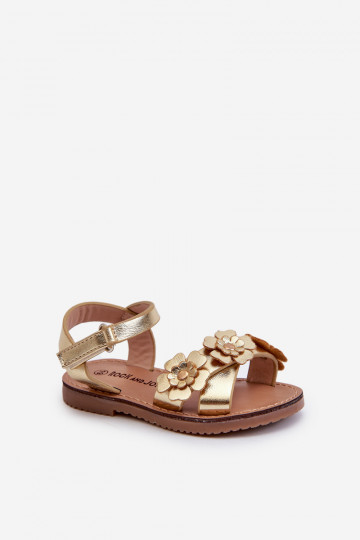 Children's sandals adorned with flowers, fastened with velcro, golden Fagossa 2