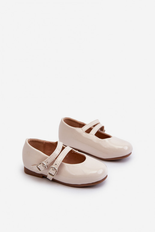 Beige Patent Leather Children's Ballerina Flats with Straps Margenis