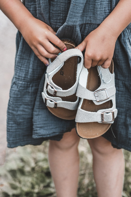 Children's Sandals on Cork Platform with Velcro Closure in Grey Rorria