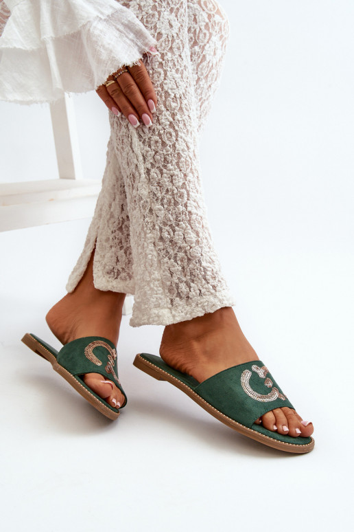 Women's Flat Flip Flops With Sequins S.Barski KV27-052 Green Women's Flat Flip Flops With Sequins S.Barski KV27-052 Green