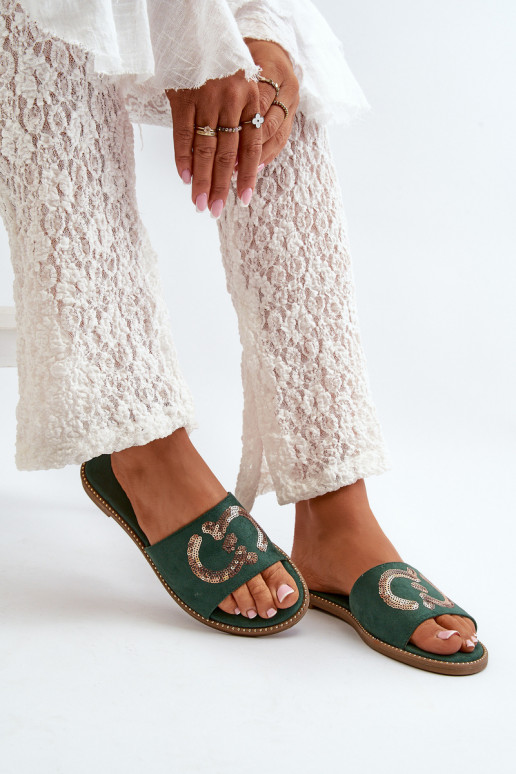 Women's Flat Flip Flops With Sequins S.Barski KV27-052 Green Women's Flat Flip Flops With Sequins S.Barski KV27-052 Green