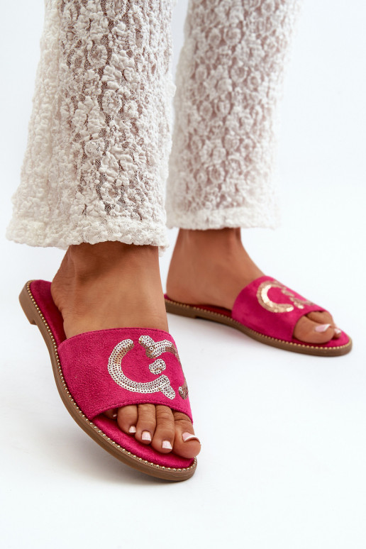 Women's Flat Sequined Slides S.Barski KV27-052 Fuchsia Women's Flat Sequined Slides S.Barski KV27-052 Fuchsia