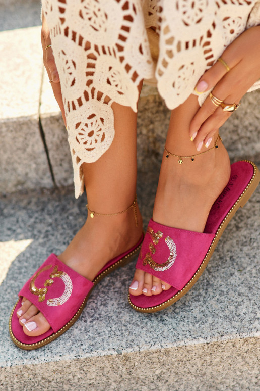 Women's Flat Sequined Slides S.Barski KV27-052 Fuchsia Women's Flat Sequined Slides S.Barski KV27-052 Fuchsia