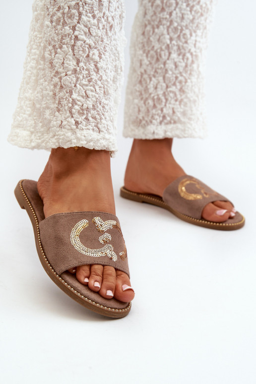 Women's Flat Slippers With Sequins S.Barski KV27-052 Brown