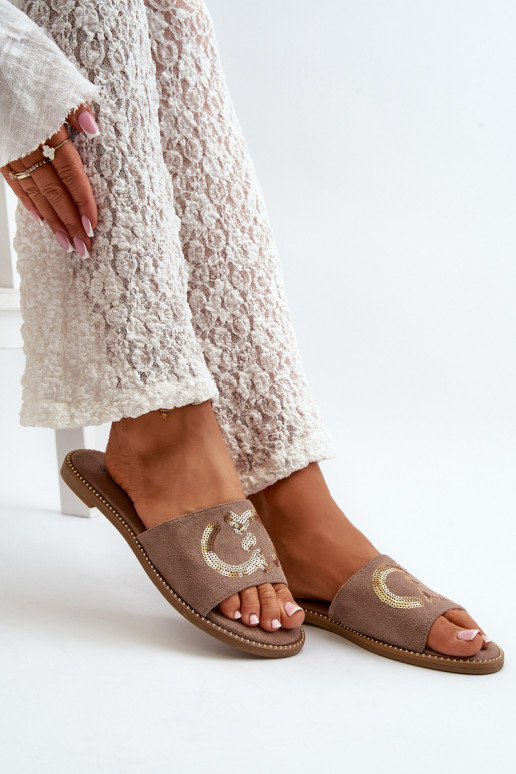 Women's Flat Slippers With Sequins S.Barski KV27-052 Brown