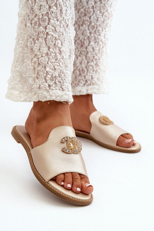 Elegant Women's Shiny Slippers With Decoration S.Barski KV27-050 Gold Elegant Women's Shiny Slippers With Decoration S.Barski KV27-050 Gold