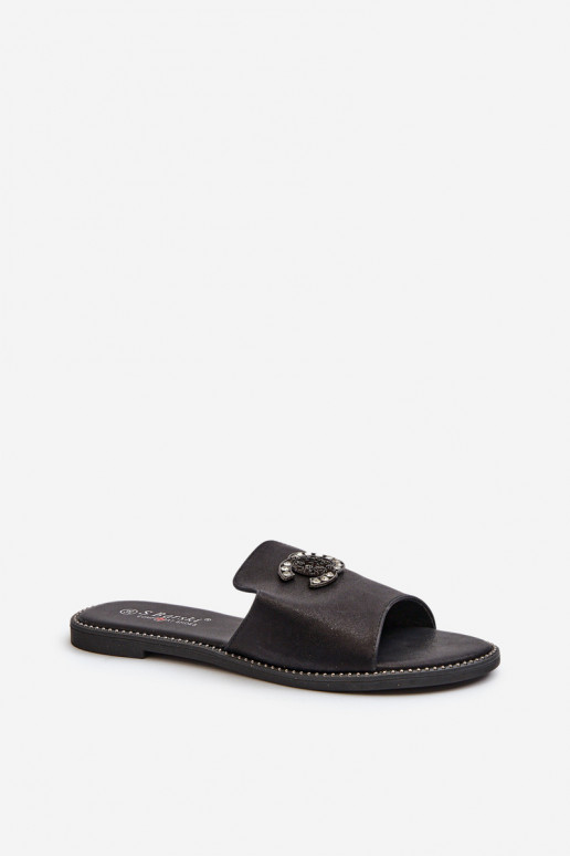 Elegant Women's Shiny Slippers With Decoration S.Barski KV27-050 Black Elegant Women's Shiny Slippers With Decoration S.Barski KV27-050 Black