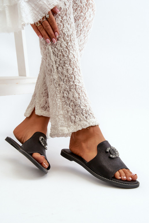 Elegant Women's Shiny Slippers With Decoration S.Barski KV27-050 Black Elegant Women's Shiny Slippers With Decoration S.Barski KV27-050 Black