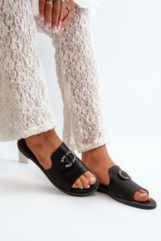 Elegant Women's Shiny Slippers With Decoration S.Barski KV27-050 Black Elegant Women's Shiny Slippers With Decoration S.Barski KV27-050 Black