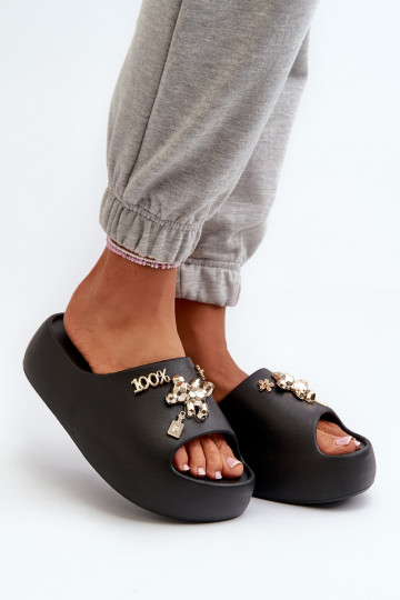 Women's Lightweight Foam Slides with Decorations Black Orchia 2
