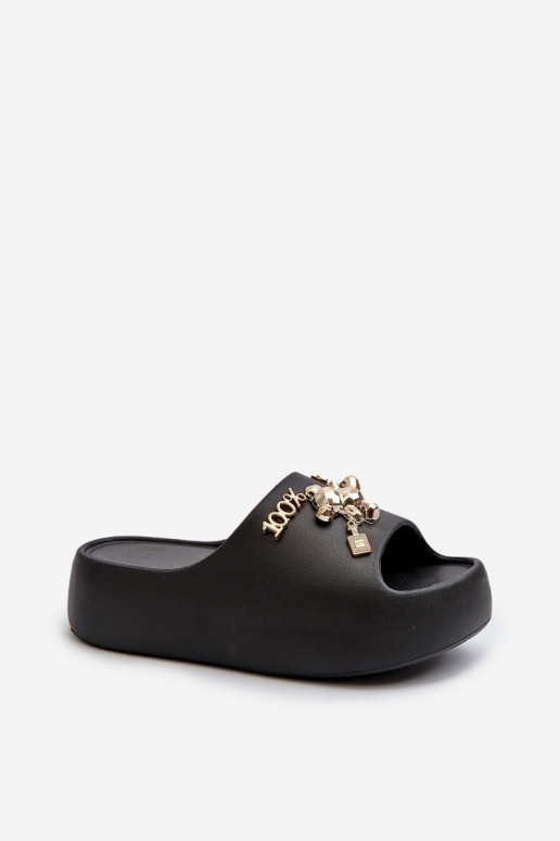 Women's Lightweight Foam Slides with Decorations Black Orchia