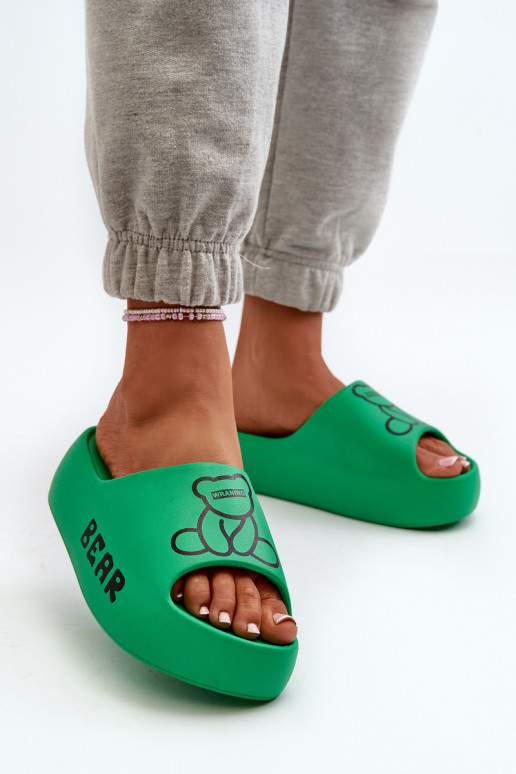 Women's Foam Slides on Chunky Sole with Teddy Bear Green Lamira Women's Foam Slides on Chunky Sole with Teddy Bear Green Lamira