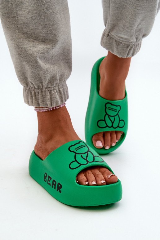 Women's Foam Slides on Chunky Sole with Teddy Bear Green Lamira Women's Foam Slides on Chunky Sole with Teddy Bear Green Lamira