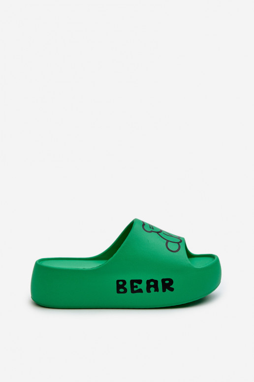 Women's Foam Slides on Chunky Sole with Teddy Bear Green Lamira Women's Foam Slides on Chunky Sole with Teddy Bear Green Lamira