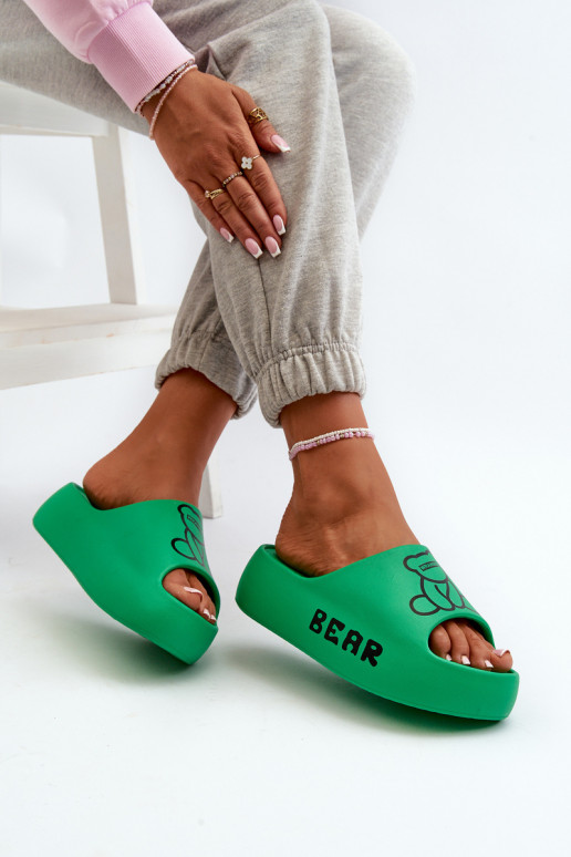 Women's Foam Slides on Chunky Sole with Teddy Bear Green Lamira Women's Foam Slides on Chunky Sole with Teddy Bear Green Lamira
