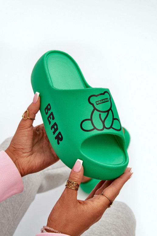 Women's Foam Slides on Chunky Sole with Teddy Bear Green Lamira Women's Foam Slides on Chunky Sole with Teddy Bear Green Lamira