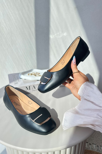 Women's Eco Leather Ballerina Flats with Decoration Black Edoslli 2