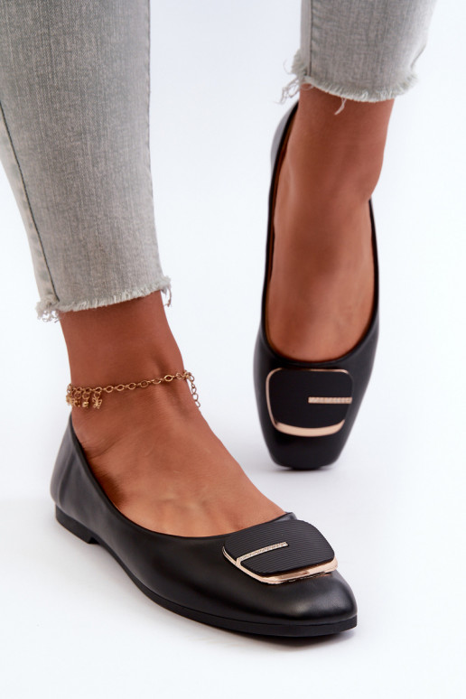 Women's Eco Leather Ballerina Flats with Decoration Black Edoslli