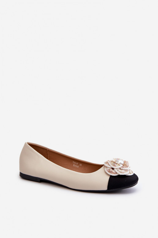 Women's Ballerina Flats in Beige Eco Leather with Decorative Detail Divinella